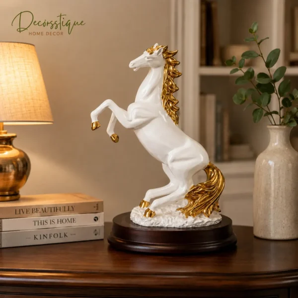 Decorustique Majestic White Horse Showpiece Statue – Elegant Tabletop Décor for Home & Office