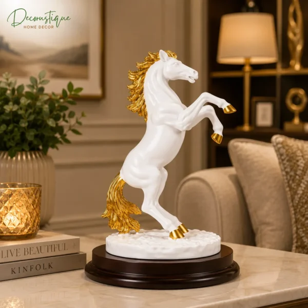 Decorustique Regal White & Gold Rearing Horse Showpiece – Luxury Home & Office Décor Statue