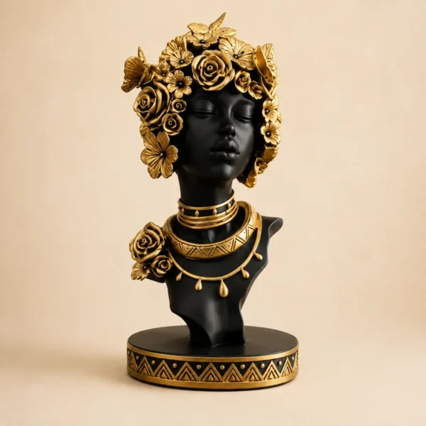 Black & Golden Lady Bust Sculpture – Premium Resin Flower Girl Statue for Home & Office Décor