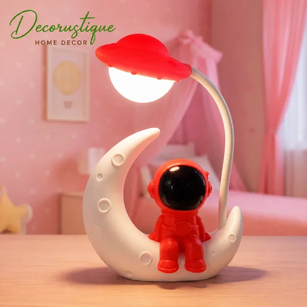 Red Astronaut Moon LED Night Lamp with Touch Control & USB Rechargeable