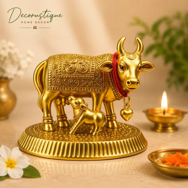 Golden Kamdhenu Cow & Calf Idol – Decorative Spiritual Showpiece