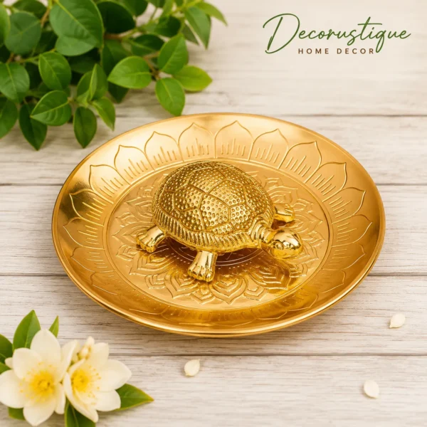 Vastu Feng Shui Metal Tortoise with Plate – Decorative Good Luck Showpiece