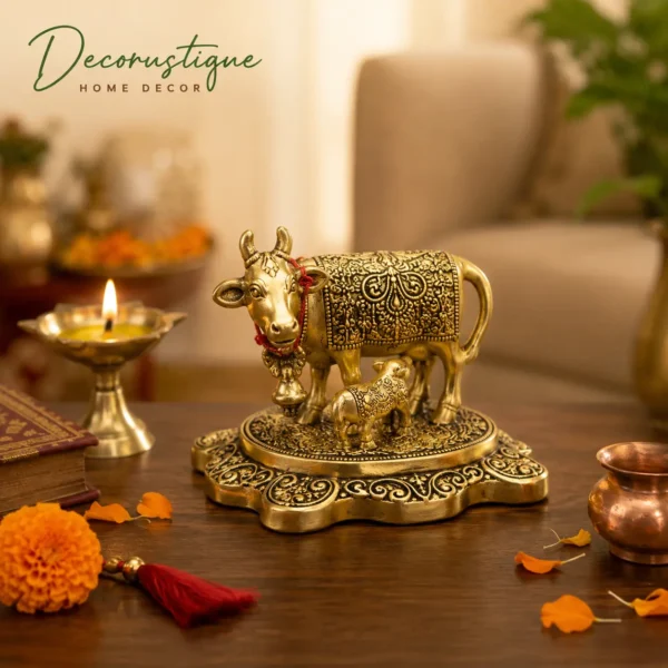 Brass Kamdhenu Cow & Calf Idol – Sacred Gau Mata Decorative Statue