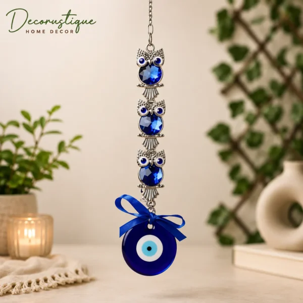 Blue Evil Eye & Three Owl Wall Hanging – Lucky Entrance Décor