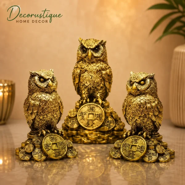 Combo of 3 Golden Feng Shui Owl Showpieces – Decorative Wisdom & Prosperity Figurines