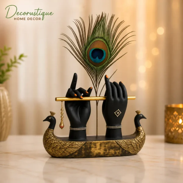 Decorative Krishna Hand Showpiece with Metal Flute & Peacock Feather – Spiritual Home Décor