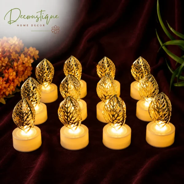 Decorative Golden Leaf Shaped Flameless LED Candles (12 Pieces) – Elegant Ambient Lighting for Modern Home Décor