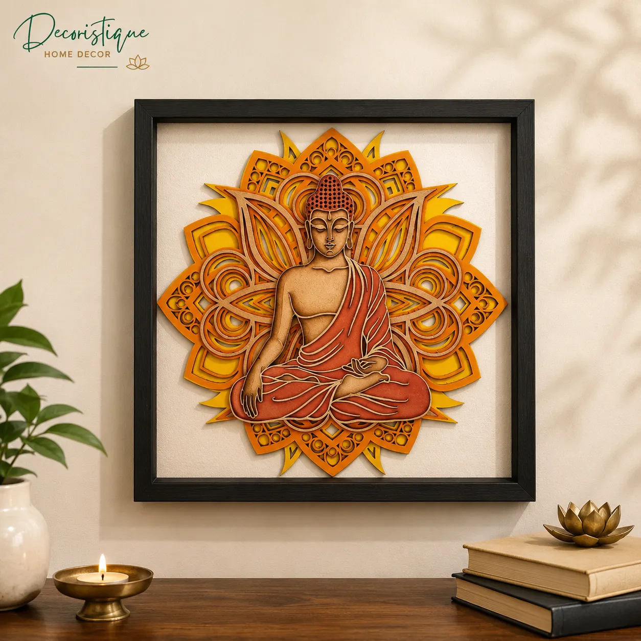 Handcrafted Wooden Buddha Wall Art – Multi-Layer 3D Mandala Frame buddha mandala wall art, spiritual wall art, devotional wall painting